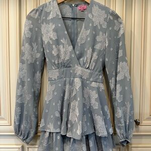 Francesca's Collections Dusty Blue Floral V-Neck Tiered Long Sleeve Dress
